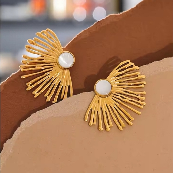 Gold and White Sunburst Earrings - Picture 2 of 5